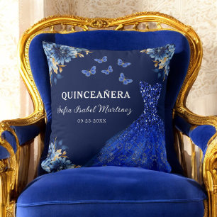 Floral Royal Blue Gold Princess Quinceanera Cushion
