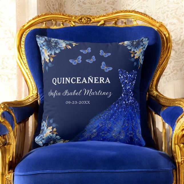 Floral Royal Blue Gold Princess Quinceanera Cushion (Creator Uploaded)