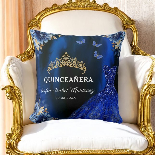 Floral Royal Blue Gold Princess Quinceanera Cushion (Creator Uploaded)
