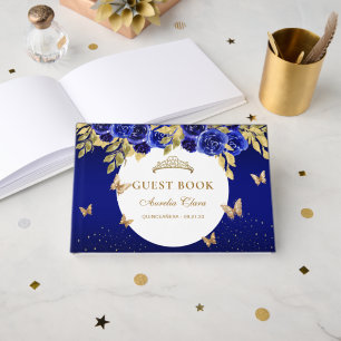 Floral Royal Blue Gold Tiara Butterfly Guest Book
