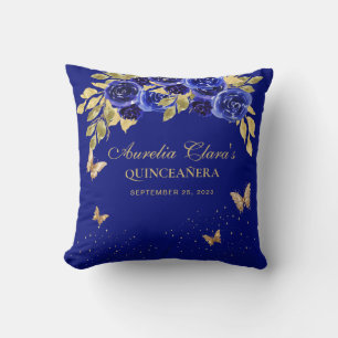 Floral Royal Blue Gold Tiara Butterfly Quinceanera Cushion