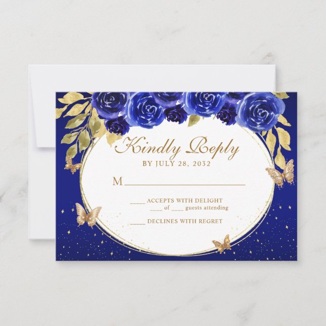 Floral Royal Blue Gold Tiara Butterfly Quinceañera RSVP Card (Front)