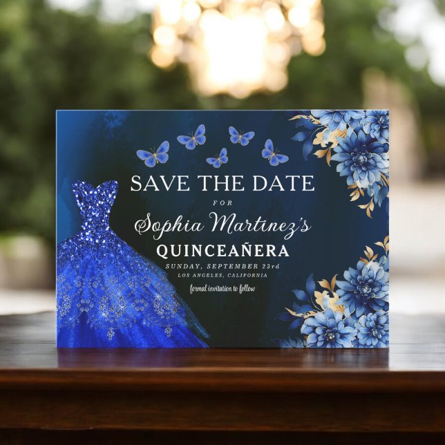 Floral Royal Blue Princess Birthday Quinceanera Save The Date (Creator Uploaded)
