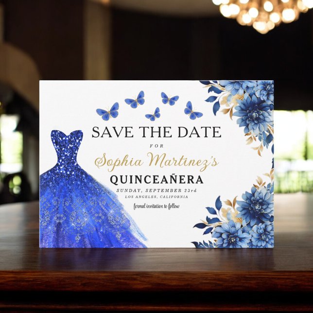 Floral Royal Blue Princess Birthday Quinceanera Save The Date (Creator Uploaded)