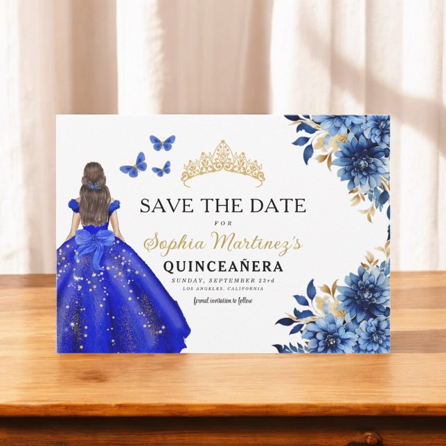 Floral Royal Blue Princess Birthday Quinceanera Save The Date (Creator Uploaded)