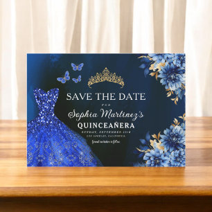 Floral Royal Blue Princess Birthday Quinceanera Save The Date