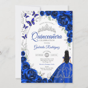 Floral Royal Blue Silver Princess Quinceanera Invitation