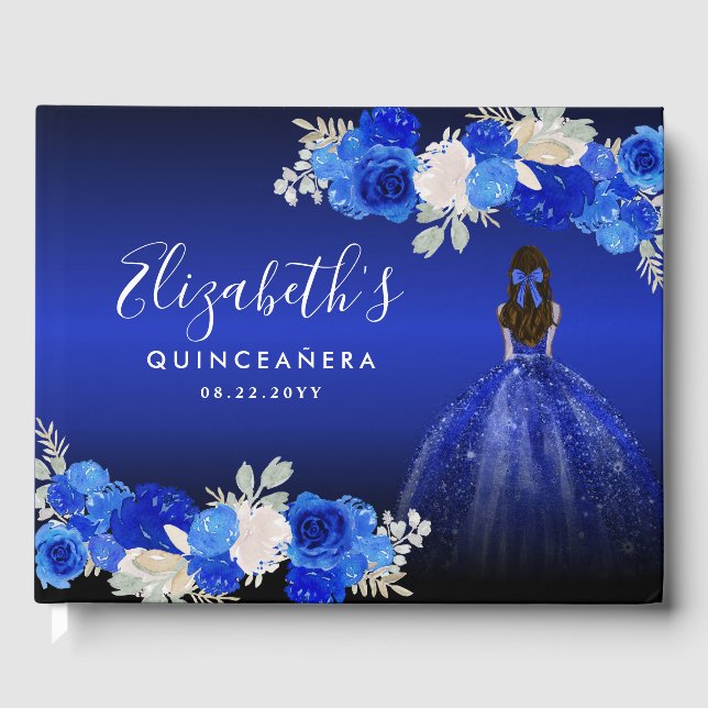 Floral Royal Dark Blue Dress Birthday Quinceanera Guest Book (Front)
