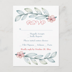Floral RSVP Blue Grey Laurel Leaves Red Flower Invitation Postcard