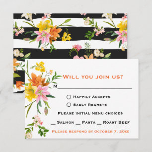 Floral RSVP Lily Flowers Orange White Black Stripe Invitation