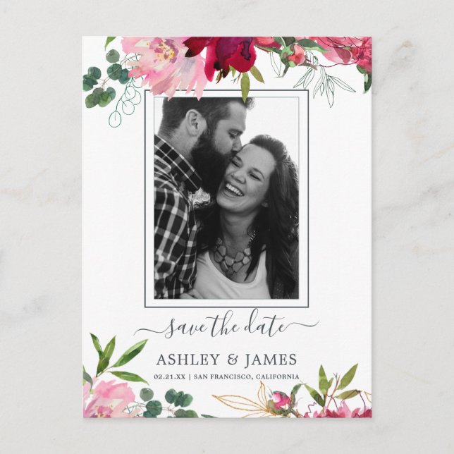 Floral Ruby Pink Peony Bouquet Photo Save the Date Announcement Postcard (Front)