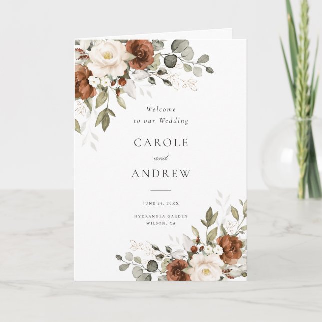 Floral Rust Beige Gold Greenery Folded Wedding Program (Front)