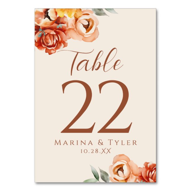 Floral Rust Beige Wedding Table Number Cards (Front)