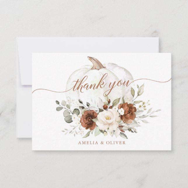 Floral Rust Cream Pumpkin Fall Wedding Thank You Card (Front)