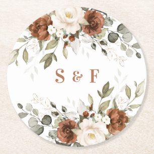 Floral Rust Greenery Gold Wedding  Round Paper Coaster