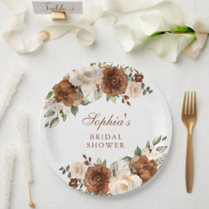 Floral Rust Peach Greenery Gold Bridal Shower Paper Plate