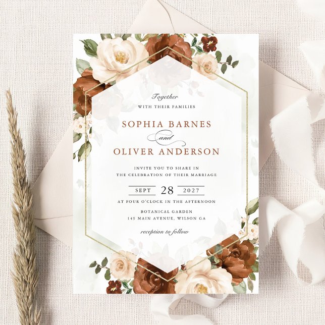 Floral Rust Peach Greenery Gold Geometric Wedding Invitation (Creator Uploaded)