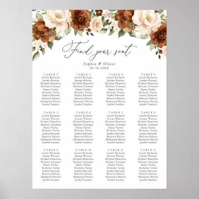 Floral Rust Peach Greenery Wedding Seating Chart (Front)