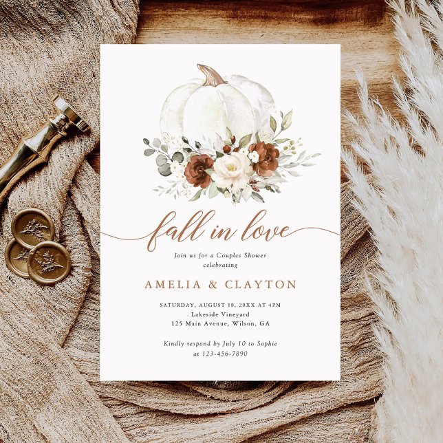 Floral Rust Pumpkin Fall in Love Couple Shower Invitation (Creator Uploaded)
