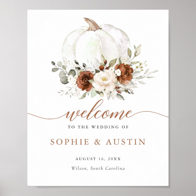 Floral Rust Pumpkin Fall Wedding Welcome Sign (Front)