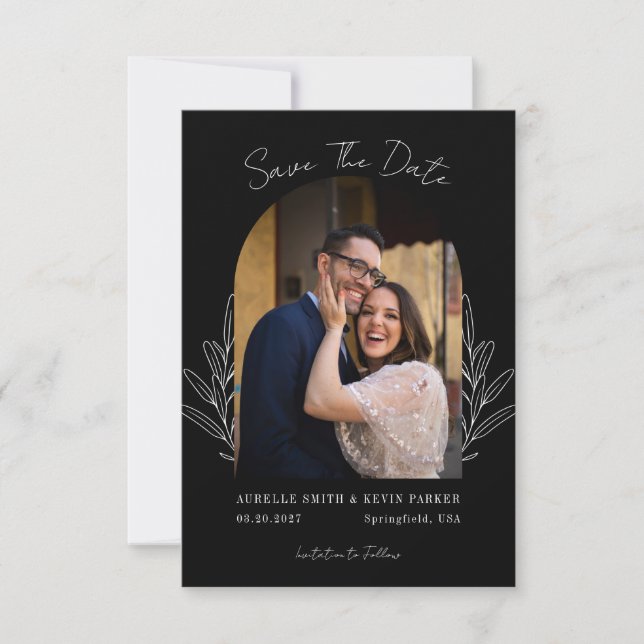 Floral Rustic Arch Photo Black Wedding Monogram Save The Date (Front)
