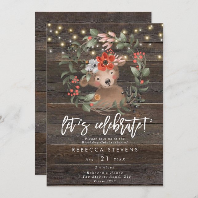 floral rustic bear let's celebrate birthday invitation (Front/Back)