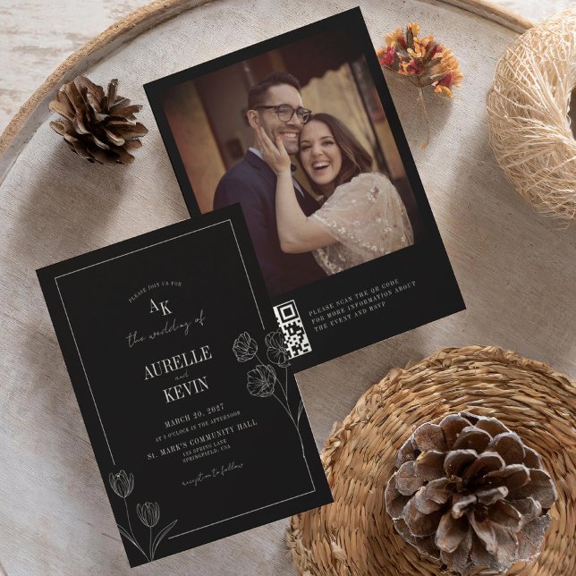 Floral Rustic Black Elegant Photo Back QR Wedding Invitation (Creator Uploaded)