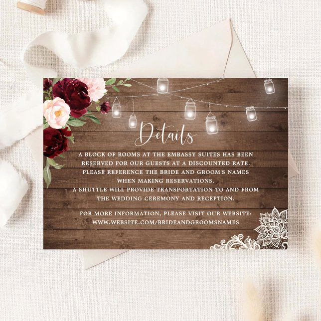 Floral Rustic Burgundy Wood String Lights Details Invitation (Creator Uploaded)