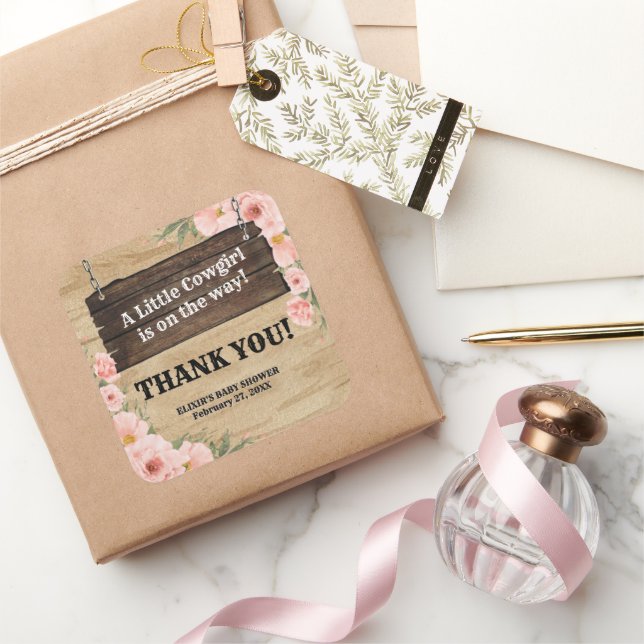 Floral Rustic Cowgirl Boots Baby Shower Square Sticker (Gifting)