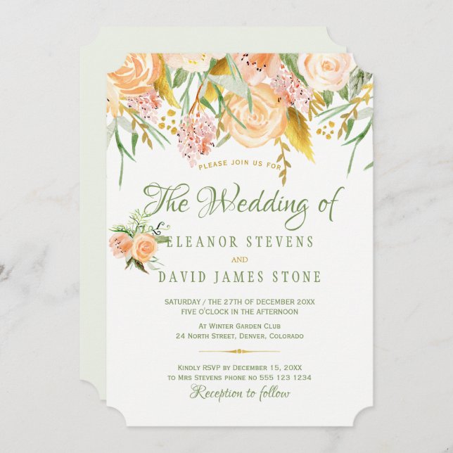 Floral rustic garland gold sage elegant wedding invitation (Front/Back)