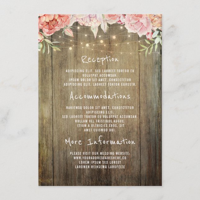 Floral Rustic Lights Wedding Information Guest Enclosure Card (Front)