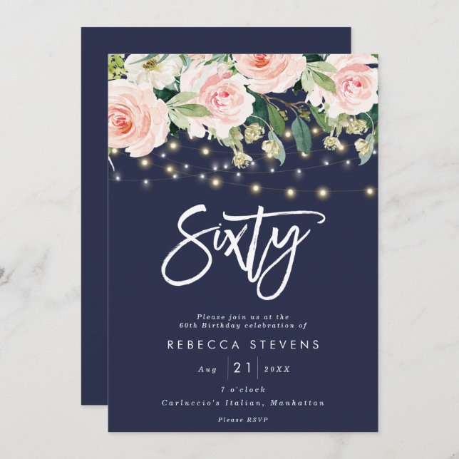 floral rustic navy 60th birthday invitation (Front/Back)
