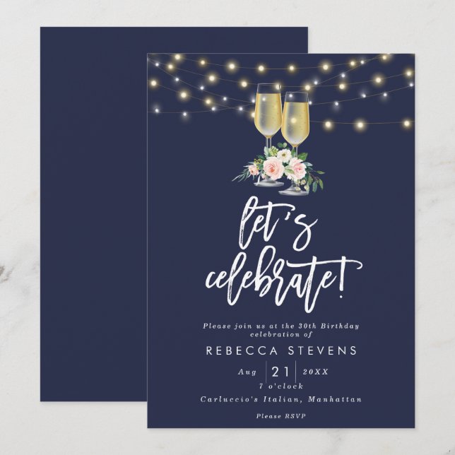 floral rustic navy let's celebrate birthday invitation (Front/Back)