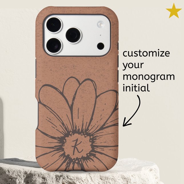 Floral Rustic Pink Daisy Flower Drawing Monogram  (Creator Uploaded)