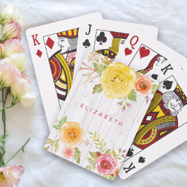 Floral rustic pink yellow watercolor, white wood playing cards