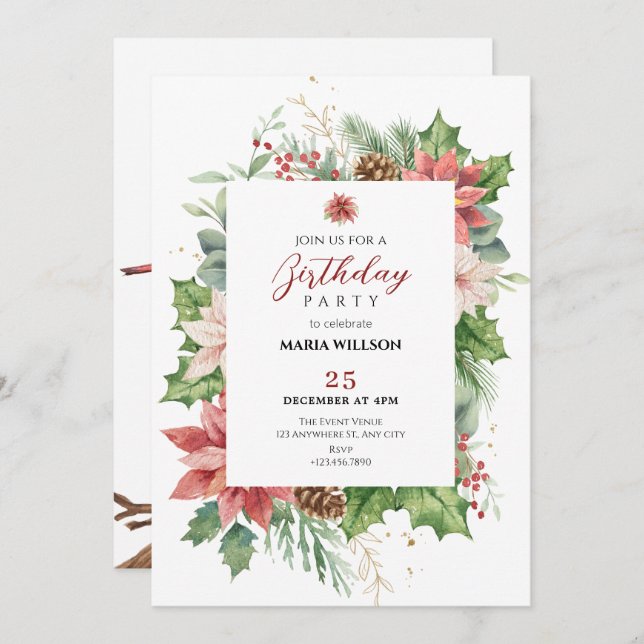 Floral rustic Red and green birthday Invitation (Front/Back)
