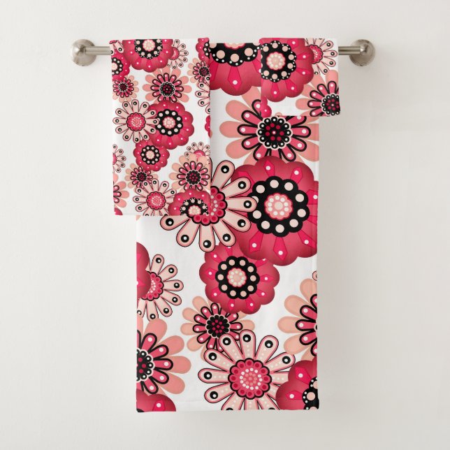 Floral rustic retro red and white bath towel set (Insitu)