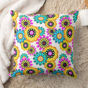 Floral rustic retro yellow and turquoise cushion