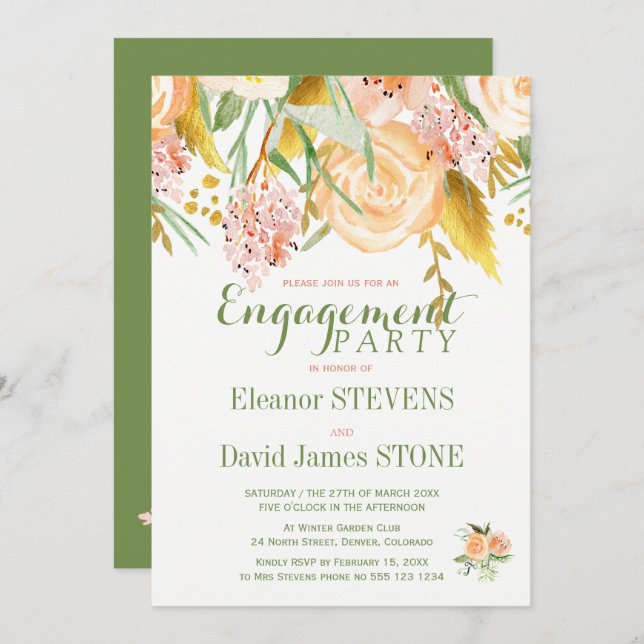 Floral rustic spring engagement party invite (Front/Back)