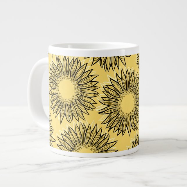 Floral Rustic Sunflower Hand Drawn Large Coffee Mug (Front Left)