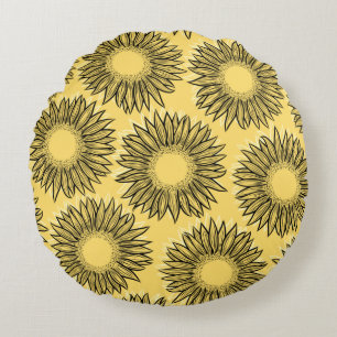 Floral Rustic Sunflower Hand Drawn Round Cushion