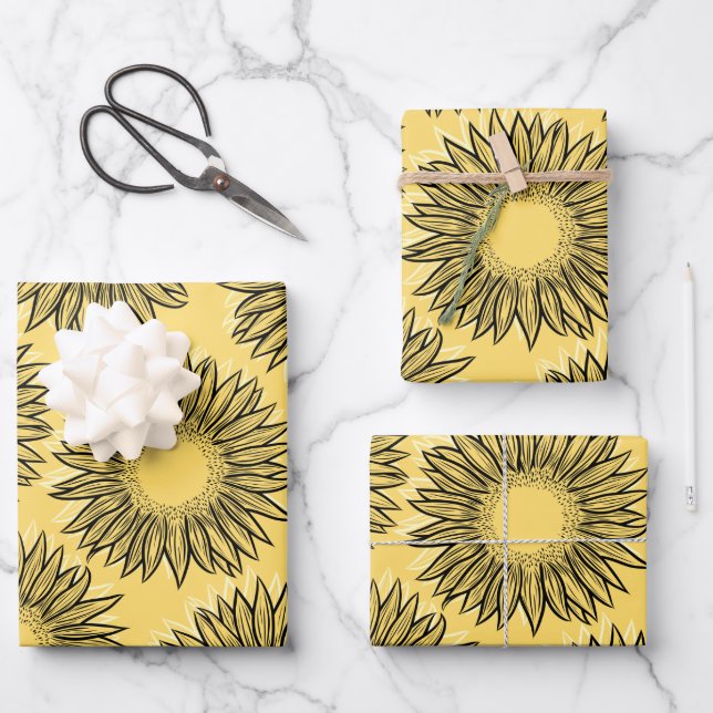 Floral Rustic Sunflower Hand Drawn Wrapping Paper Sheet (Front)