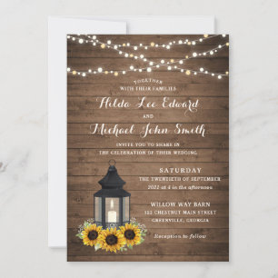 Floral Rustic Sunflower Wood Lantern String Lights Invitation