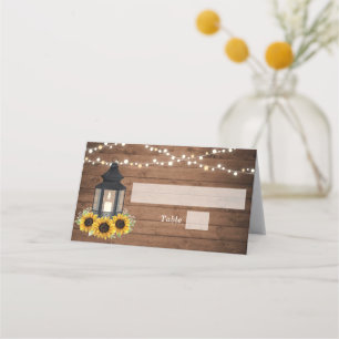 Floral Rustic Sunflower Wood Lantern String Lights Place Card