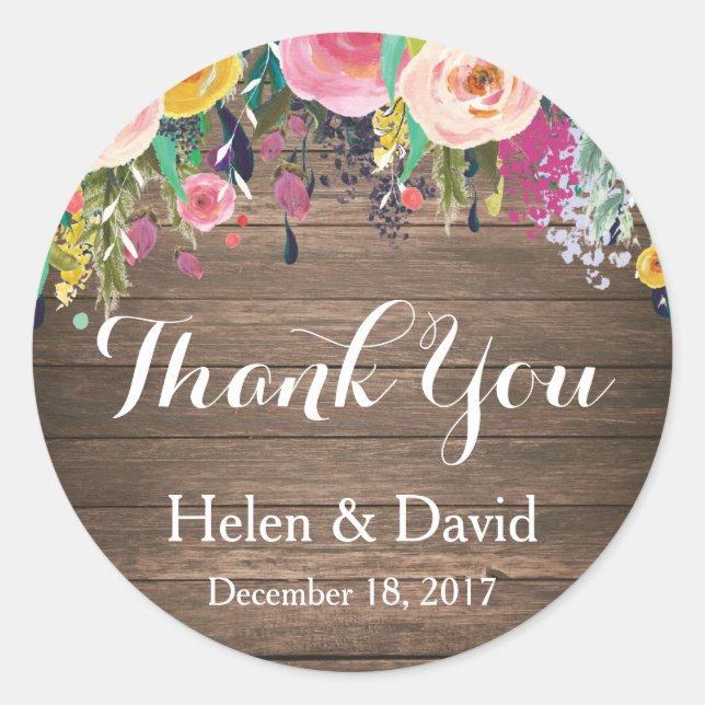 Floral Rustic Thank You Wedding Favour Stickers (Front)