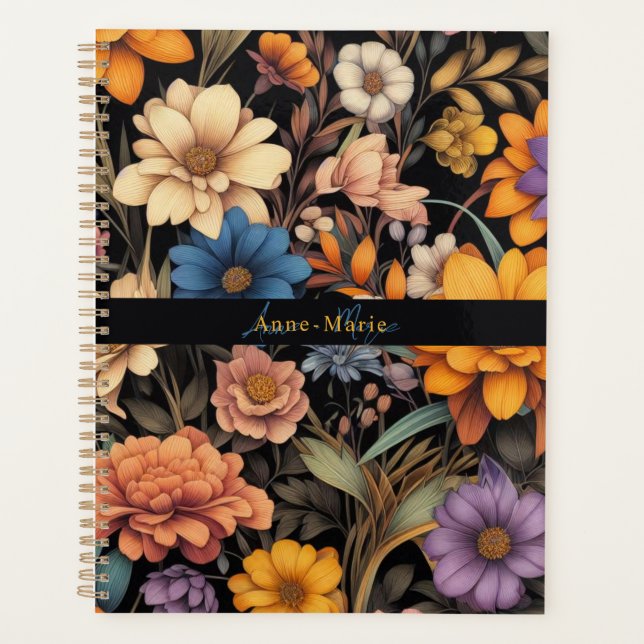 Floral rustic vintage elegant black planner (Front)
