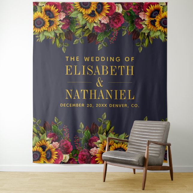 Floral rustic wedding photo booth navy backdrop tapestry (In Situ)