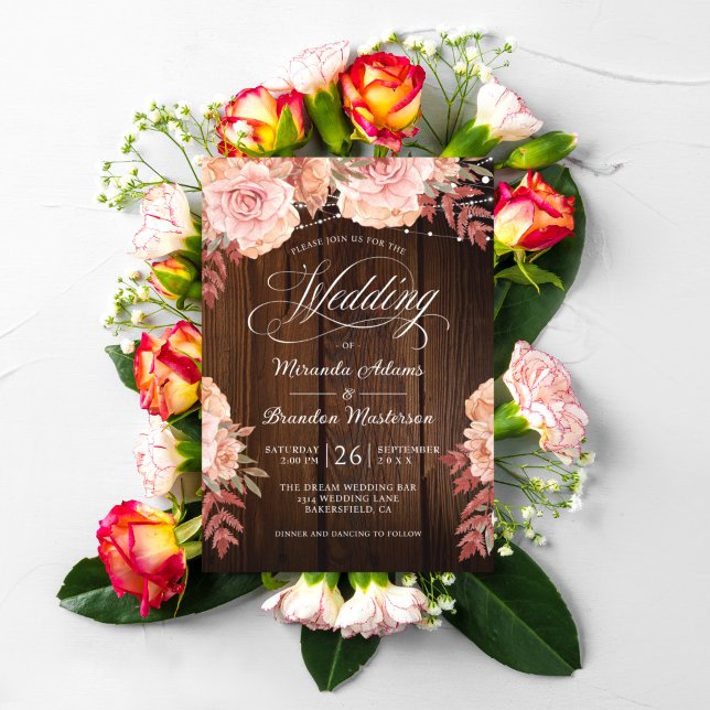 Floral Rustic Wood and String Lights Wedding Invitation (Creator Uploaded)