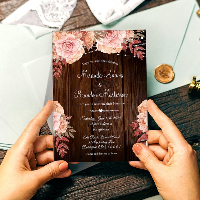 Floral Rustic Wood and String Lights Wedding Invitation (Creator Uploaded)