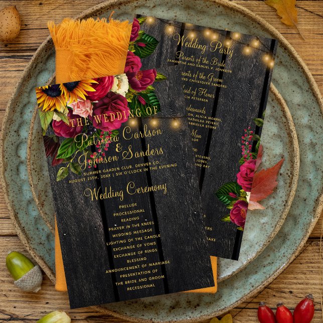 Floral rustic wood gold lights wedding ceremony flyer (Creator Uploaded)